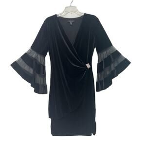 R&M Richards Black Formal Dress 14 Bell Sleeves Faux Wrap Rhinestones Evening
